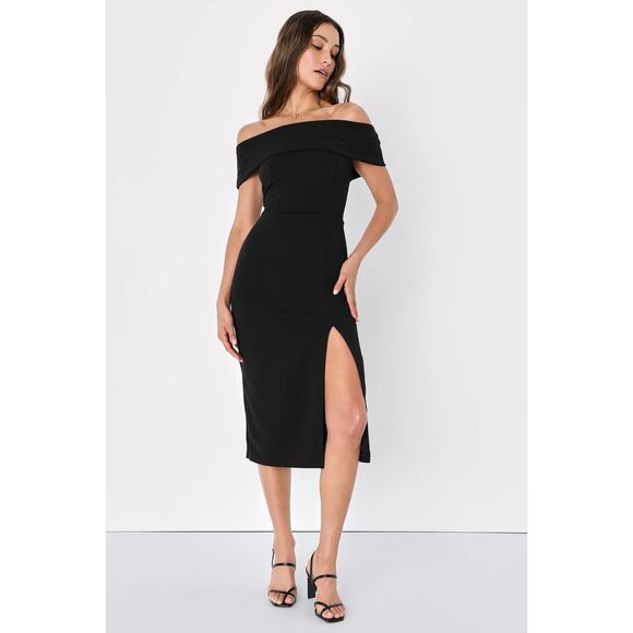 Lulus Dresses & Skirts - LULUS NWT Luxe Attitude Black Off-the-Shoulder Bodycon Side Slit Midi Dress MED